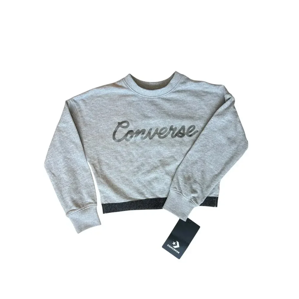 Converse Girls Size 4 Cropped Crewneck Sweatshirt Gray Metallic Silver Logo NWT